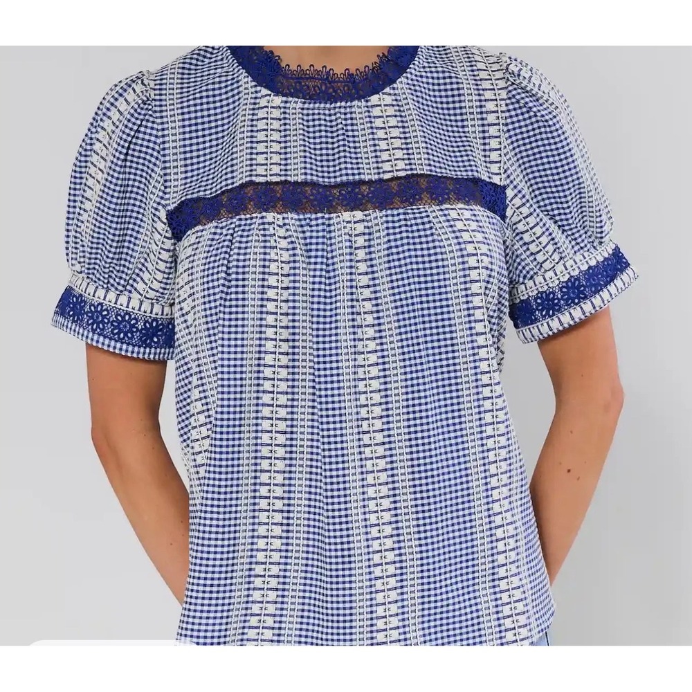 Voy Blue Gingham Crochet Lace Trim Puff Sleeve Blouse Medium